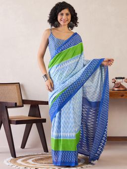 Sareemall - Womens Cotton Light Blue Printed Ready To Wear Saree with Unstitched Blouse