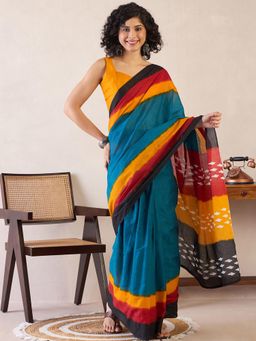 Sareemall - Womens Cotton Teal Blue Printed Ready To Wear Saree with Unstitched Blouse