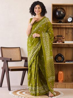 Sareemall - Womens Cotton Green Printed Ready To Wear Saree with Unstitched Blouse
