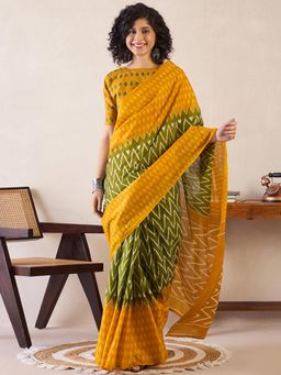 Sareemall - Womens Cotton Green Printed Ready To Wear Saree with Unstitched Blouse