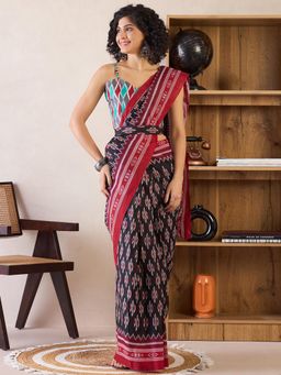 Sareemall - Womens Cotton Black Printed Ready To Wear Saree with Unstitched Blouse
