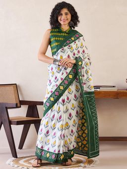 Sareemall - Womens Cotton White Printed Ready To Wear Saree with Unstitched Blouse