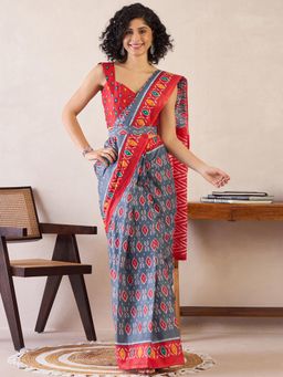 Sareemall - Womens Cotton Grey Printed Ready To Wear Saree with Unstitched Blouse