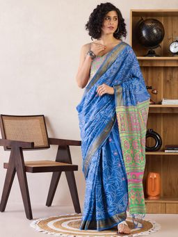 Akhilam - Womens Cotton Blue Printed Ready To Wear Saree with Unstitched Blouse