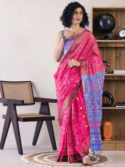 Sareemall - Womens Cotton Pink Printed Ready To Wear Saree with Unstitched Blouse