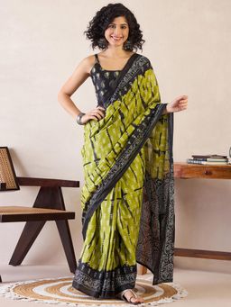 Sareemall - Womens Cotton Olive Printed Ready To Wear Saree with Unstitched Blouse