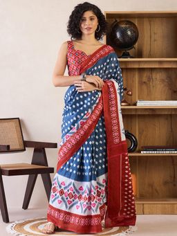 Sareemall - Womens Cotton Navy Blue Printed Ready To Wear Saree with Unstitched Blouse