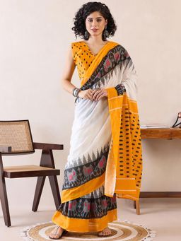 Sareemall - Womens Cotton White Printed Ready To Wear Saree with Unstitched Blouse