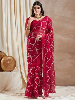 Sareemall - Womens Georgette Pink Embroidered Designer Saree with Unstitched Blouse