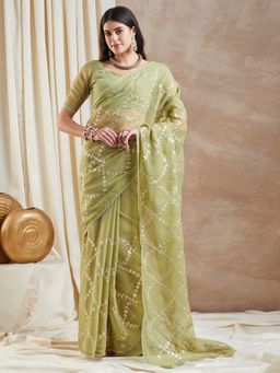 Sareemall - Womens Georgette Light Green Embroidered Designer Saree with Unstitched Blouse