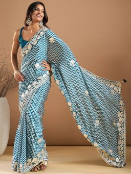 Sareemall - Womens Chiffon Teal Blue Embroidered Designer Saree with Unstitched Blouse