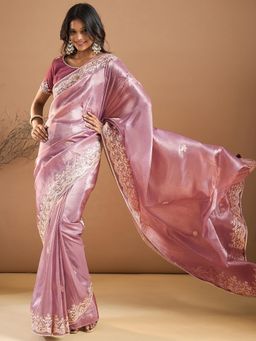 Sareemall - Womens Paper Silk Mauve Embroidered Designer Saree with Unstitched Blouse