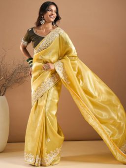 Akhilam - Womens Paper Silk Yellow Embroidered Designer Saree with Unstitched Blouse