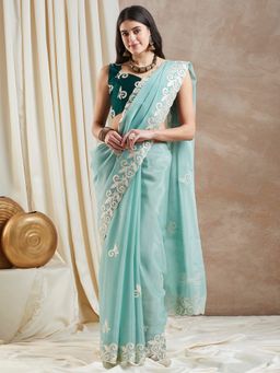 Sareemall - Womens Organza Turquoise Embroidered Designer Saree with Unstitched Blouse
