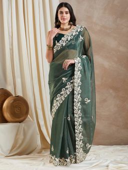 Sareemall - Womens Organza Dark Green Embroidered Designer Saree with Unstitched Blouse