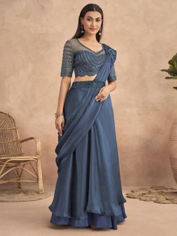 Akhilam - Womens Satin Silk Navy Blue Embroidered Ready To Wear Saree with Unstitched Blouse