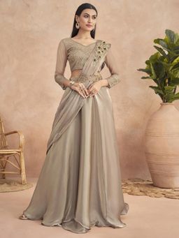 Akhilam - Womens Satin Silk Beige Embroidered Ready To Wear Saree with Unstitched Blouse