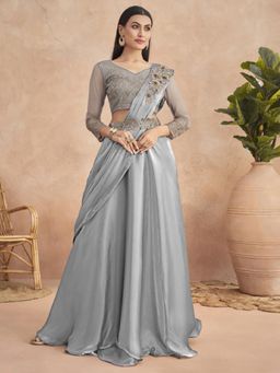 Akhilam - Womens Satin Silk Metallic Embroidered Ready To Wear Saree with Unstitched Blouse