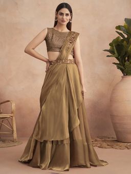 Akhilam - Womens Satin Silk Bronze Embroidered Ready To Wear Saree with Unstitched Blouse