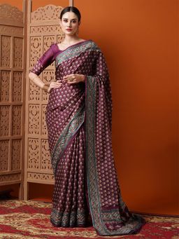 Akhilam - Womens Dola Silk Burgundy Embroidered Designer Saree with Unstitched Blouse