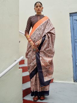 Sareemall - Womens Bhagalpuri Silk Beige Embroidered Celebrity Saree with Unstitched Blouse