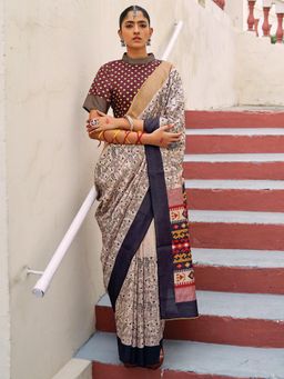 Sareemall - Womens Bhagalpuri Silk Beige Embroidered Celebrity Saree with Unstitched Blouse