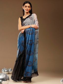 Akhilam - Womens Lycra Blue Printed Ready To Wear Saree with Unstitched Blouse