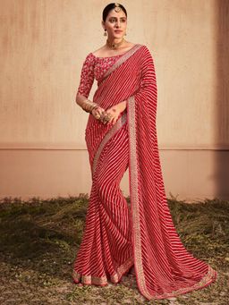 Akhilam - Womens Georgette Red Zari Embroidered Designer Saree with Unstitched Blouse