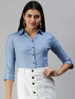 SHOWOFFFF - Women Skinny Fit Regular Sleeves Blue Solid Shirt