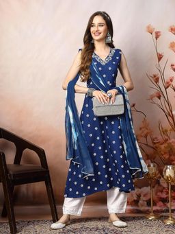 Stylum - Blue Floral Printed A-Line Kurta with Dupatta (Set of 2)