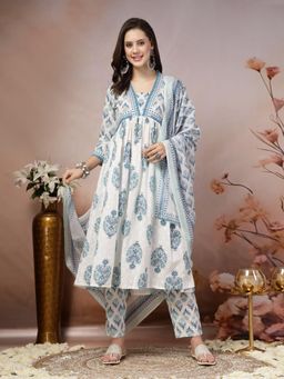 Stylum - Blue Printed Cotton A-Line Kurta with Pant and Dupatta (Set of 3)