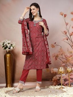 Stylum - Maroon Printed and Embroidered Cotton Straight Kurta with Pant and Dupatta (Set of 3)