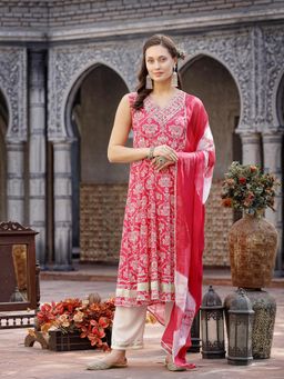 Stylum - Pink Printed and Embroidered Cotton Anarkali with Pant and Dupatta (Set of 3)