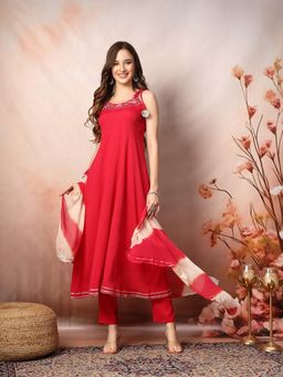 Stylum - Pink Embroidered A-Line Kurta with Pant and Dupatta (Set of 3)