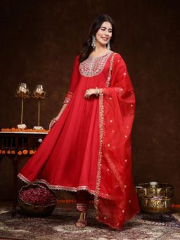 Stylum - Red Embroidered Rayon Anarkali with Pant and Dupatta (Set of 3)