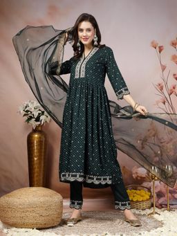 Stylum - Teal Printed and Embroidered Flared Kurta with Pant and Dupatta (Set of 3)