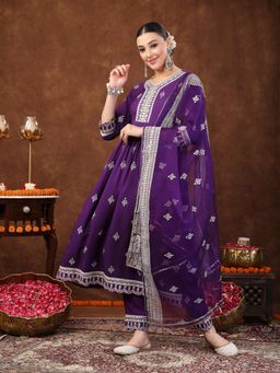Stylum - Purple Printed and Embroidered Rayon Flared Kurta with Pant and Dupatta (Set of 3)