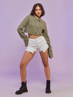 MIXT by Nykaa Fashion - Olive Green Full Sleeves Crop Denim Jacket