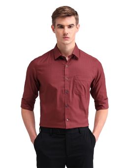 Arrow - Men Maroon Self Design Full Sleeves Collar Neck Formal Shirt