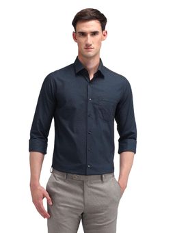 Arrow - Men Navy Blue Self Design Full Sleeves Collar Neck Formal Shirt