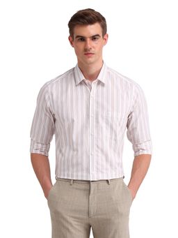 Arrow - Men Beige Stripes Full Sleeves Collar Neck Formal Shirt
