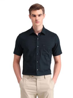 Arrow - Men Green Checks Half Sleeves Collar Neck Formal Shirt