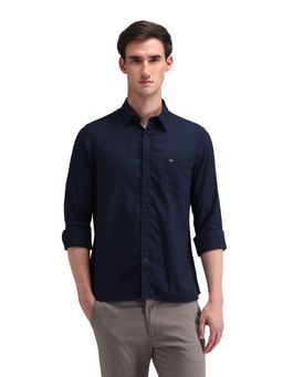 Arrow Sports - Men Navy Blue Solid Full Sleeves Collar Neck Casual Shirt