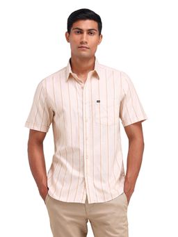 Arrow Sports - Men Beige Stripes Half Sleeves Collar Neck Casual Shirt