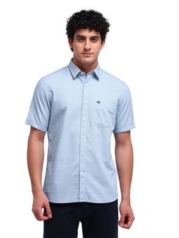 Arrow Sports - Men Blue Self Design Half Sleeves Collar Neck Casual Shirt