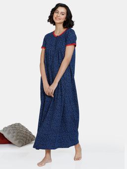 Zivame - Color Me Happy Knit Cotton Full Length Nightdress - Medieval Blue