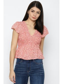 American Eagle - Women Orange V-neck Smocked Baby Doll Blouse