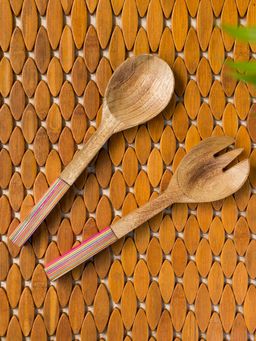 ExclusiveLane - 'The Rainbow Pack' Hand-painted Serving Spoon & Fork Set In Mango Wood (Set of 2)