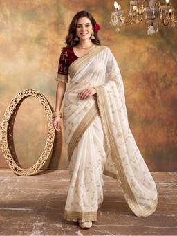 Jaipur Kurti - White Pure Fandy Satin Pallu Beads Embroidery Work Saree
