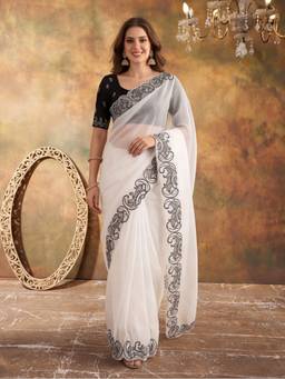 Jaipur Kurti - White Designer Crunchy Silk Embroidery Pallu Work Saree